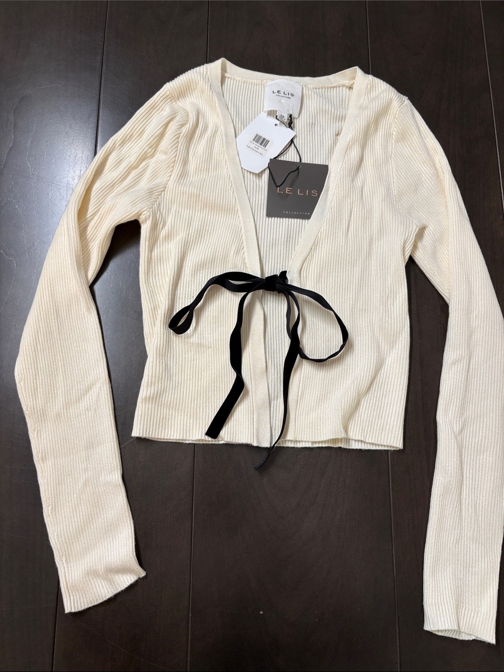 Le Lis Cream Ribbed Tie-Front Cardigan with Black Velvet Ribbon